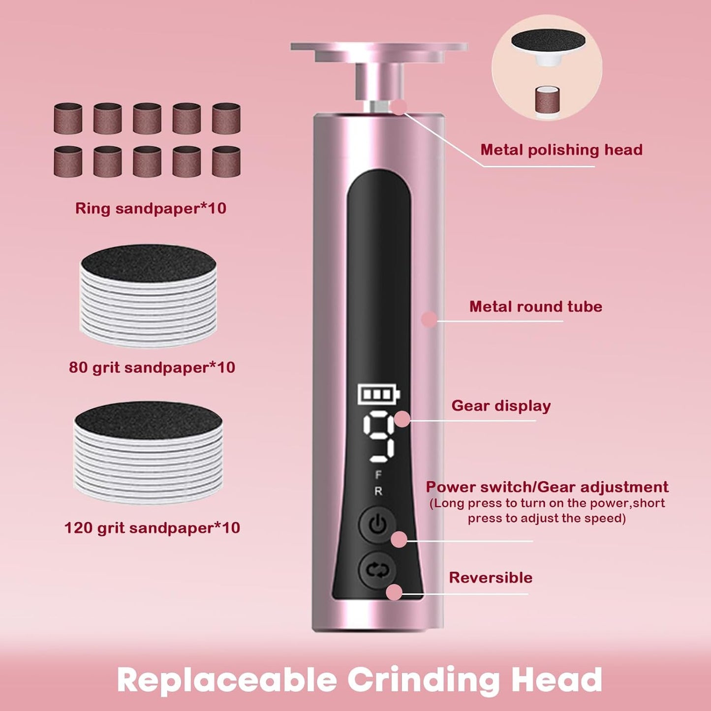 Electric Foot Callus Remover & Nail Drill - Cordless, 11000RPM, 9 Speeds, Digital Display, 10 Grinding Heads & 20 Sandpaper Discs