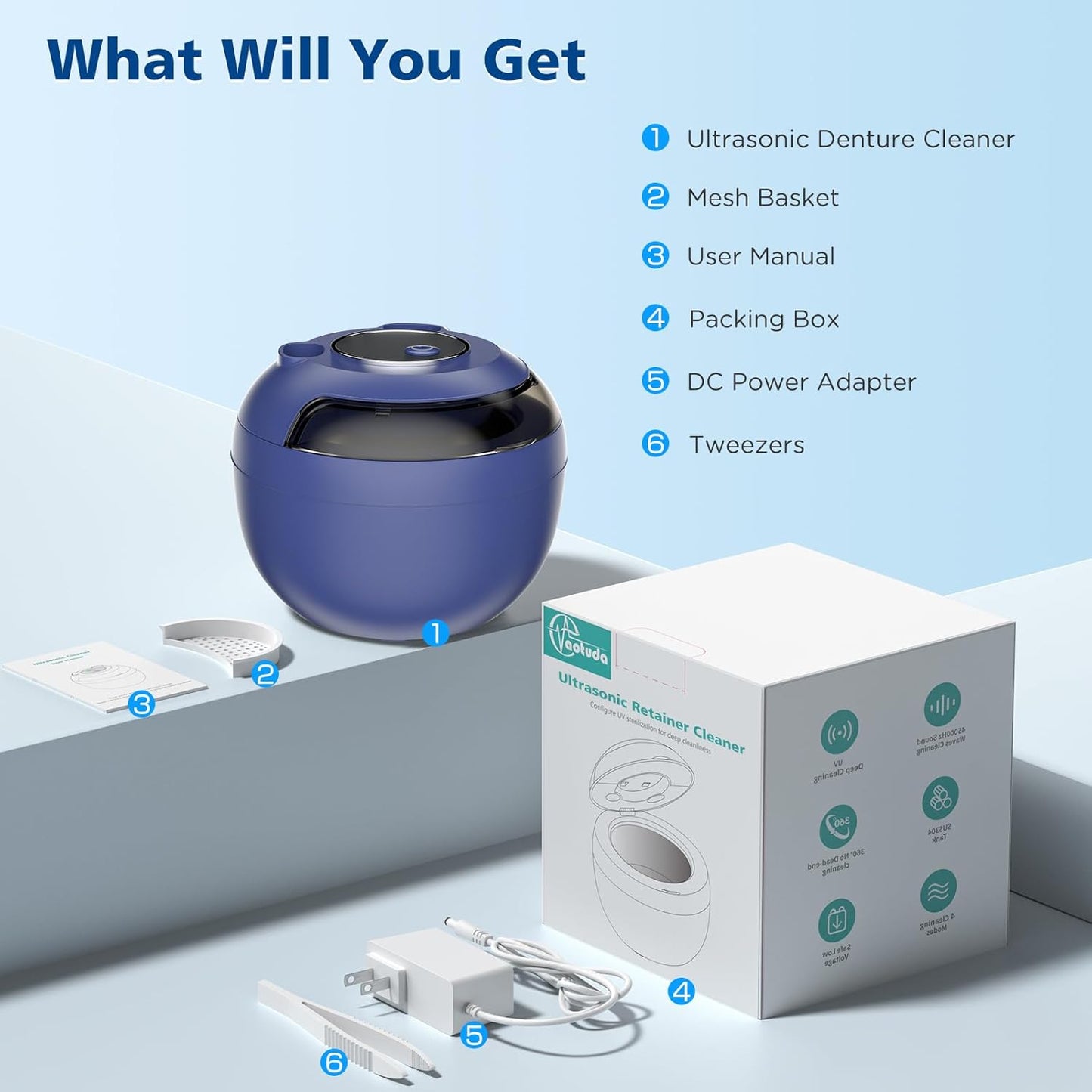 Ultrasonic Retainer Cleaner Machine - 45kHz 200ML with Digital Timer | Navy Blue, 4 Cleaning Modes for Aligners, Braces & Jewelry