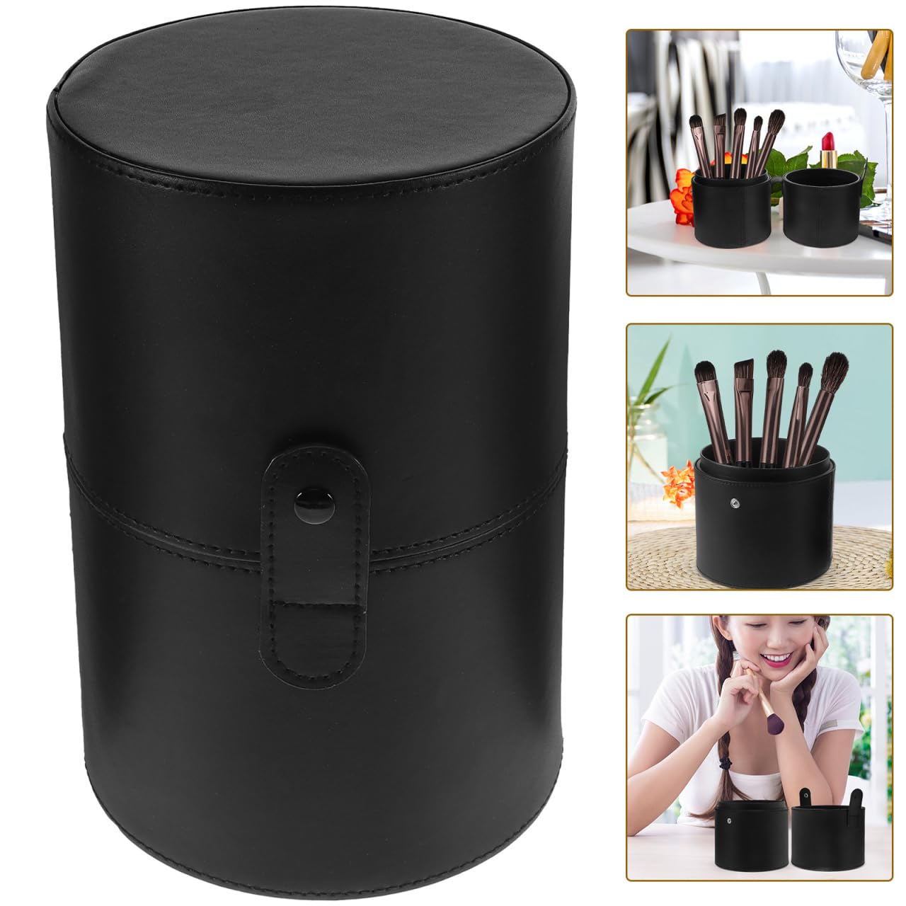 Portable Makeup Brush Holder with Lid - Elegant Pu Leather Makeup Bag Black Brush Organizer for Travel Compact Storage Bucket with Buckle Protective Lid, Easy to Clean, 7.9in X 5.19in