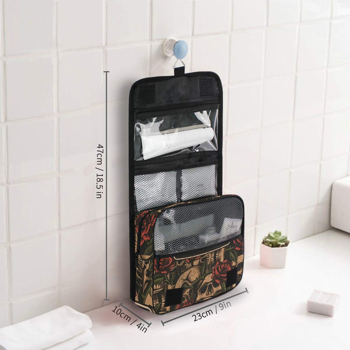 ALAZA Skull With Rose Vintage Travel Toiletry Bag Hanging Multifunction Cosmetic Case Portable Makeup Pouch Organizer with Hook