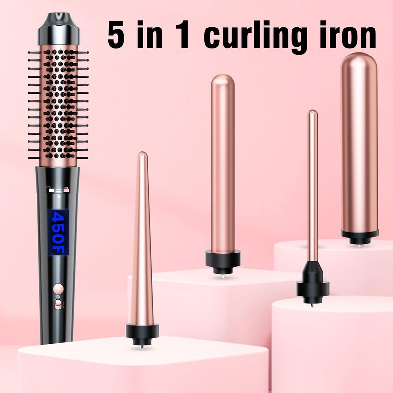 Bo'laiya 5 in 1 Curling Wand Set with Curling Brush and Temperature Display, 4 Interchangeable Ceramic Curling Wand(0.4'' - 1.3'') and Heat Protective Glove & 2 Clips -Rose Gold