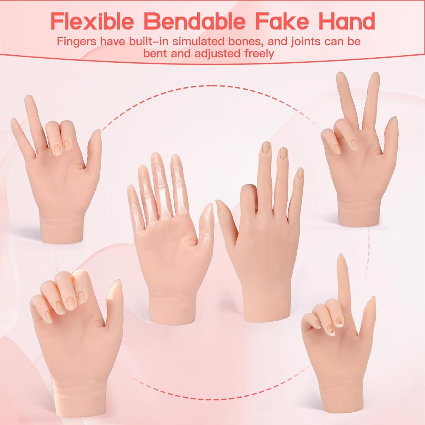 Flexible Silicone Practice Hand for Acrylic Nails with 528 Nail Tips & Stand