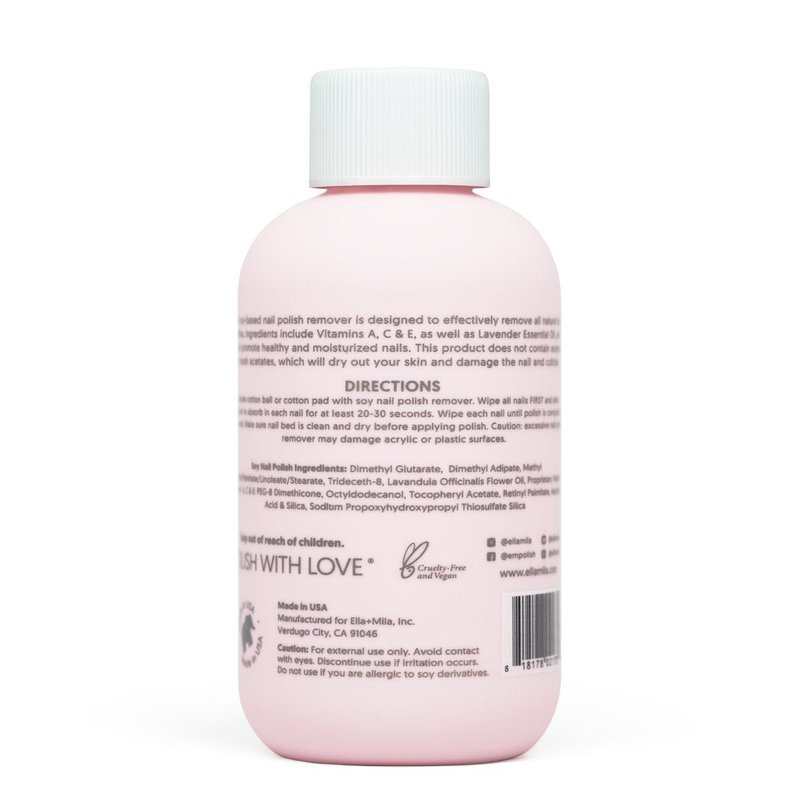 ella+mila Soy Nail Polish Remover - Non-Acetone, Non-Toxic Fingernail Polish Remover for Natural Nails - Gentle, Vegan Formula with Lavender Oil & Vitamins A, C & E (4 fl oz)