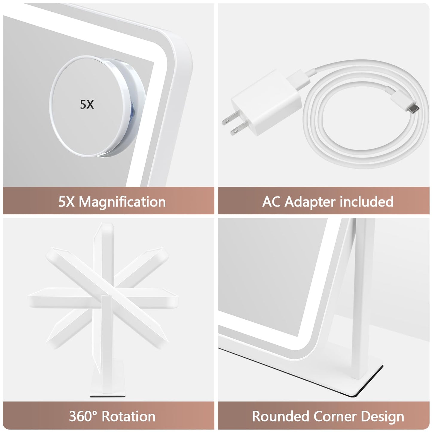 ViKert Vanity Mirror with Lights, 5X Magnification Spot Mirror, Makeup Mirror with Dimmable 3 Color Lighting, 17.3"L x 14.2"W