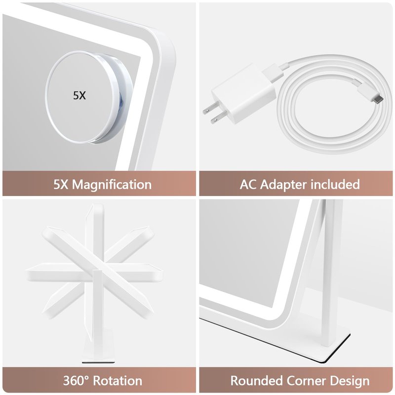 ViKert Vanity Mirror with Lights, 5X Magnification Spot Mirror, Makeup Mirror with Dimmable 3 Color Lighting, 17.3"L x 14.2"W