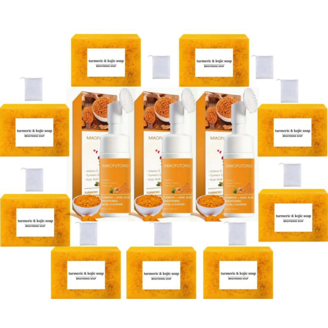 Turmeric Wash and Care 12Piece Set, Facial Cleanser & Soap Bar,Face & Body Cleanser, Face Wash and Natural Handmade Soap,for All Skin Types,Bring a Bubble Net