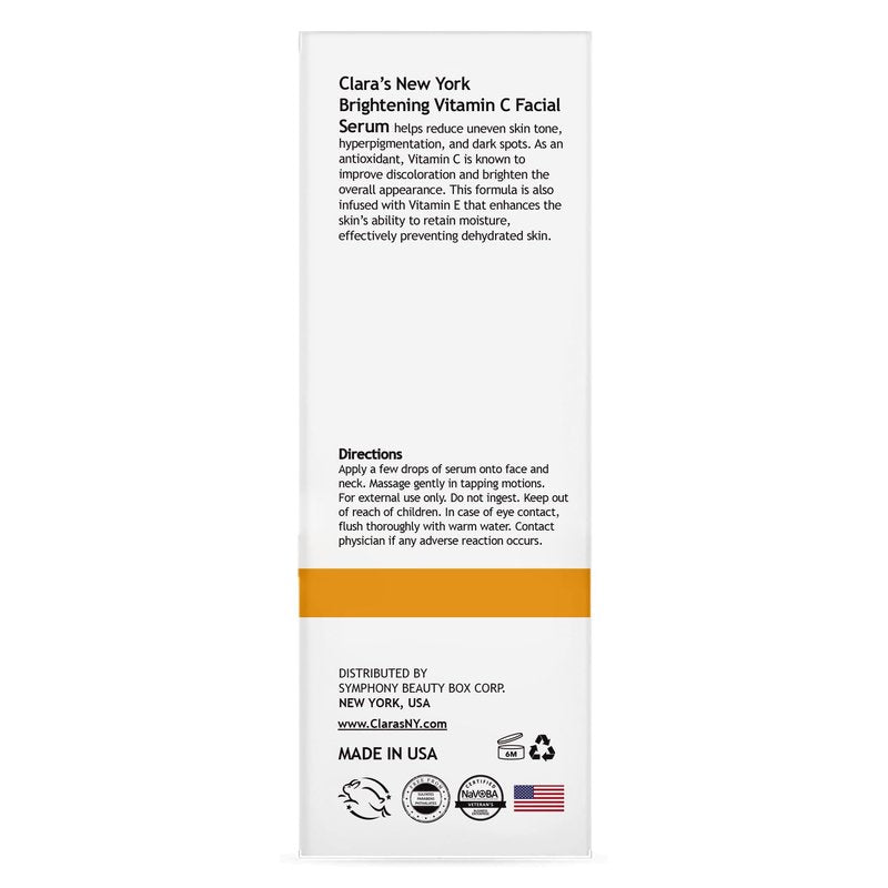 CLARA'S NEW YORK | Vitamin C Facial Serum | with Hyaluronic Acid, Ascorbic Acid, Niacinamide, Probiotics | Reduce Dark Spot, Acne, Scars |Brightening, Antioxidant, Minimize pores |30ml | Made In USA