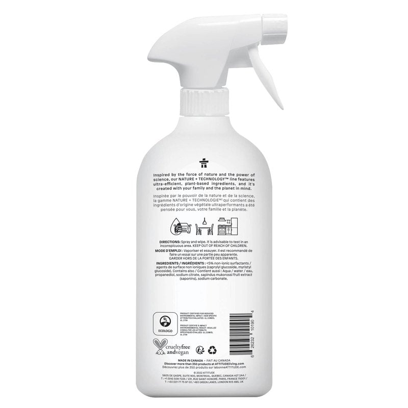ATTITUDE All Purpose Cleaner Spray, EWG Verified, Vegan, Made with 94% Plant-Based Ingredients, Streak-Free for Kitchen, Bathroom, Glass & More, Unscented, 27.1 Fl Oz