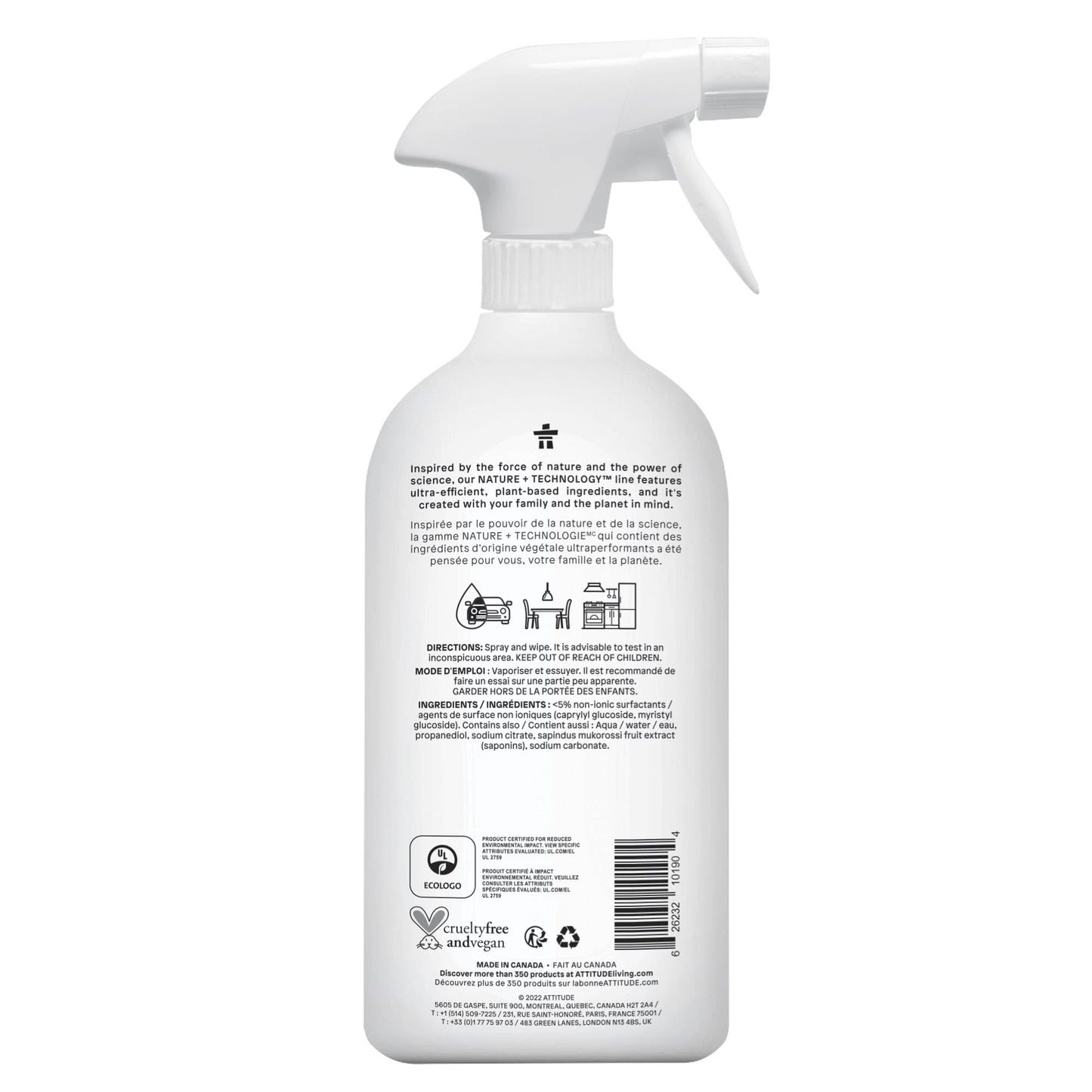 ATTITUDE All Purpose Cleaner Spray, EWG Verified, Vegan, Made with 94% Plant-Based Ingredients, Streak-Free for Kitchen, Bathroom, Glass & More, Unscented, 27.1 Fl Oz