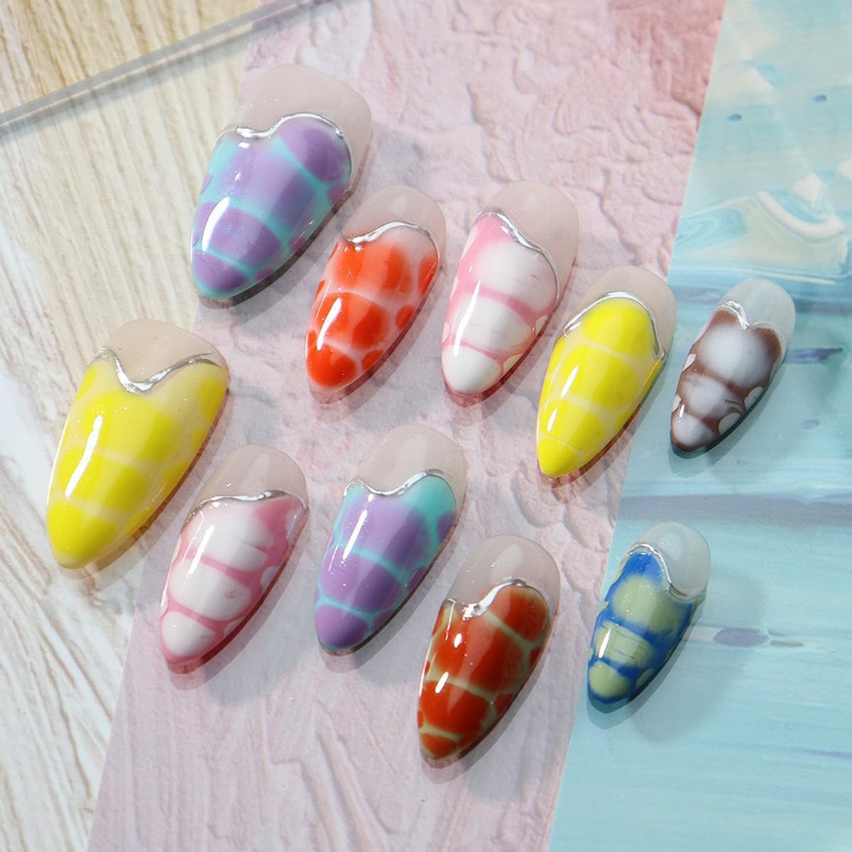 3D Blue Almond Press-On Nails with Carved Flower & Bubble Pearl - Handmade Acrylic Manicure, Medium Size
