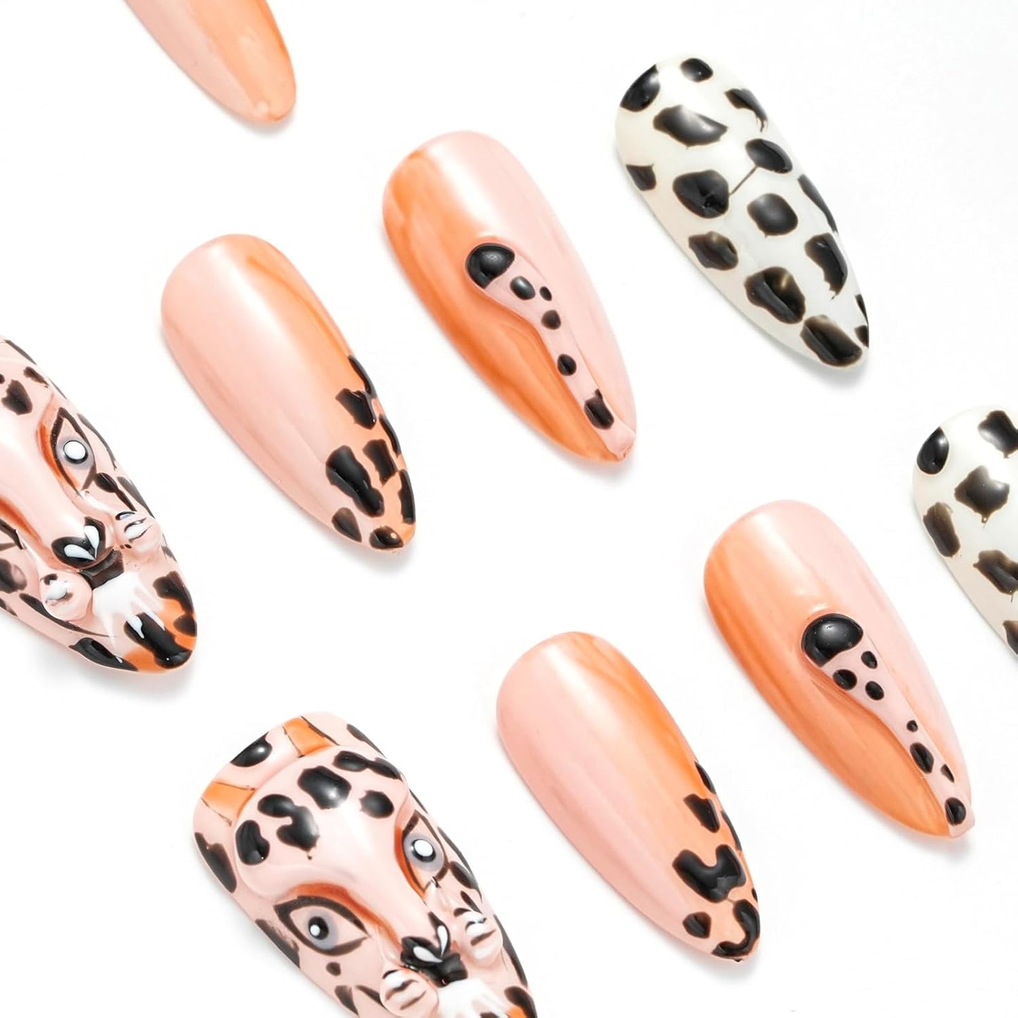 Nude Leopard Handmade Press-On Nails Set - Medium Almond Shape, 10 Pcs with Glue