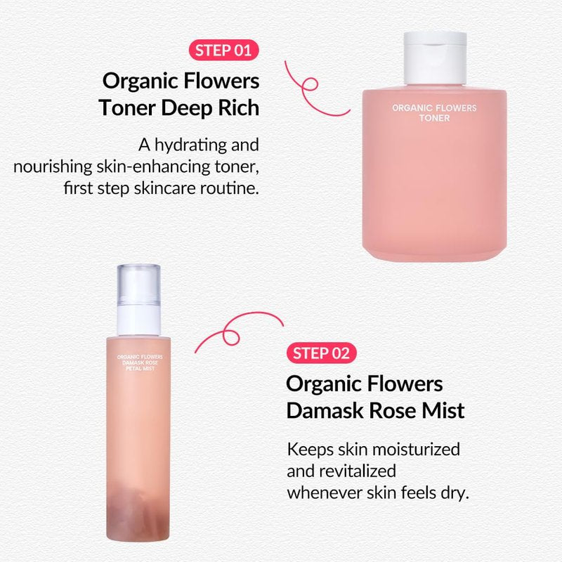Whamisa Organic Flowers Damask Rose Petal Mist, Facial Mist Spray, Waterless Formula, Fermented Ingredient Formula, Hydration, Portable, Korean Skin Care (100ml)