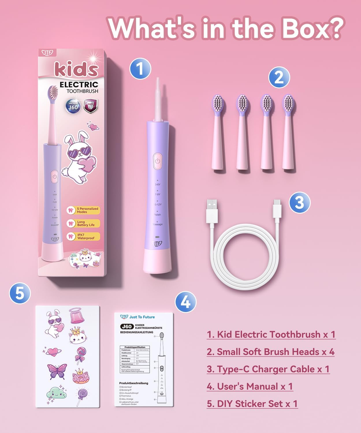 Rechargeable Electric Toothbrush for Kids | 5 Gentle Modes, Safe for Sensitive Teeth - Includes Fun DIY Stickers & 4 Soft Brush Heads