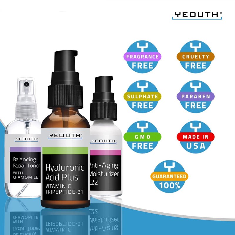 YEOUTH Skin Care Set | Hyaluronic Acid Serum with Vitamin C | Face Toner | Face Moisturizer | Skincare Kit for Hydrating and Smooth Looking Skin | Facial Gift Set 3-Piece