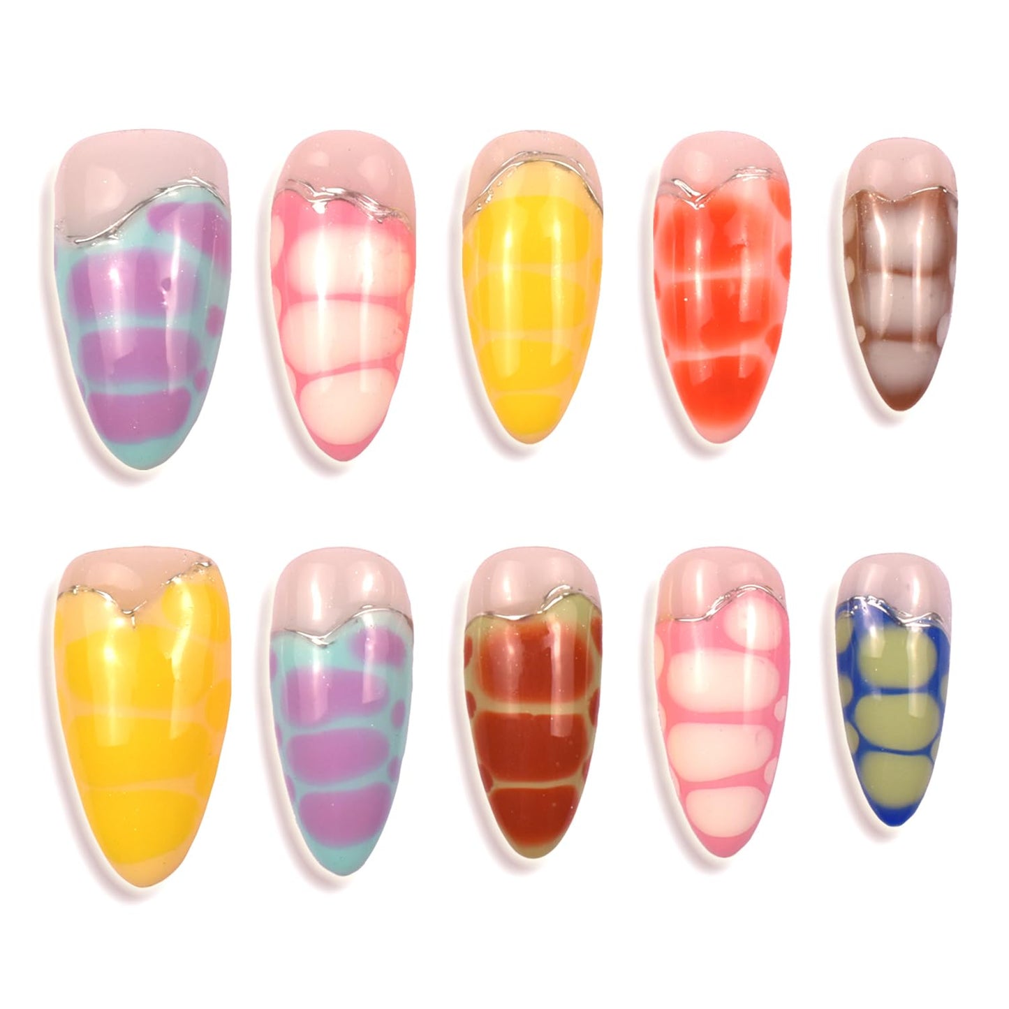 3D Blue Almond Press-On Nails with Carved Flower & Bubble Pearl - Handmade Acrylic Manicure, Medium Size