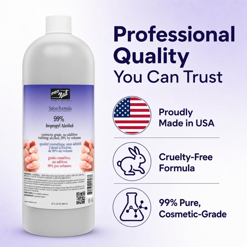 PRONAIL Nail Prep & Cleanser – 99% Isopropyl Alcohol Nail Dehydrator & Gel Cleanser | Chip-Free Adhesion for Gel & Acrylic | Professional Salon & At-Home Use | Made in USA | 32 oz