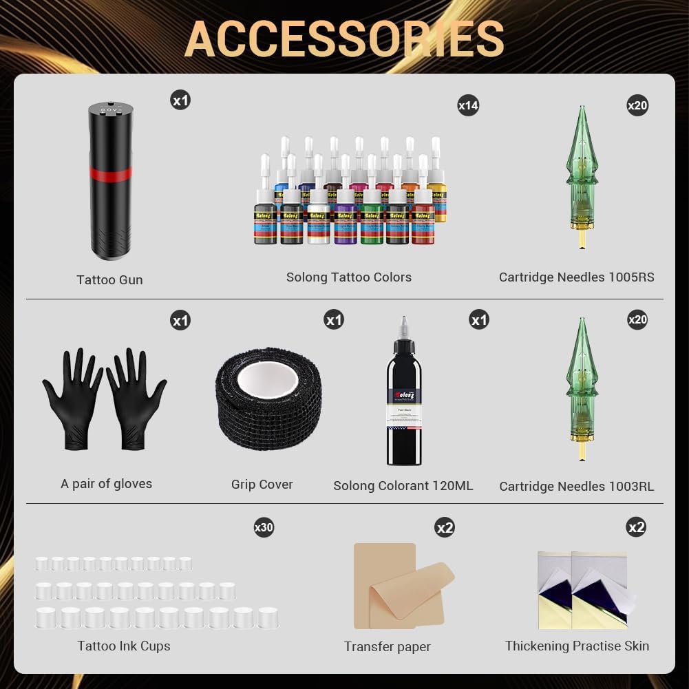 Wireless Tattoo Gun Kit - Smart Screen, 40 Tattoo Cartridge Needles, 120ML Black Ink | Complete Tattoo Set