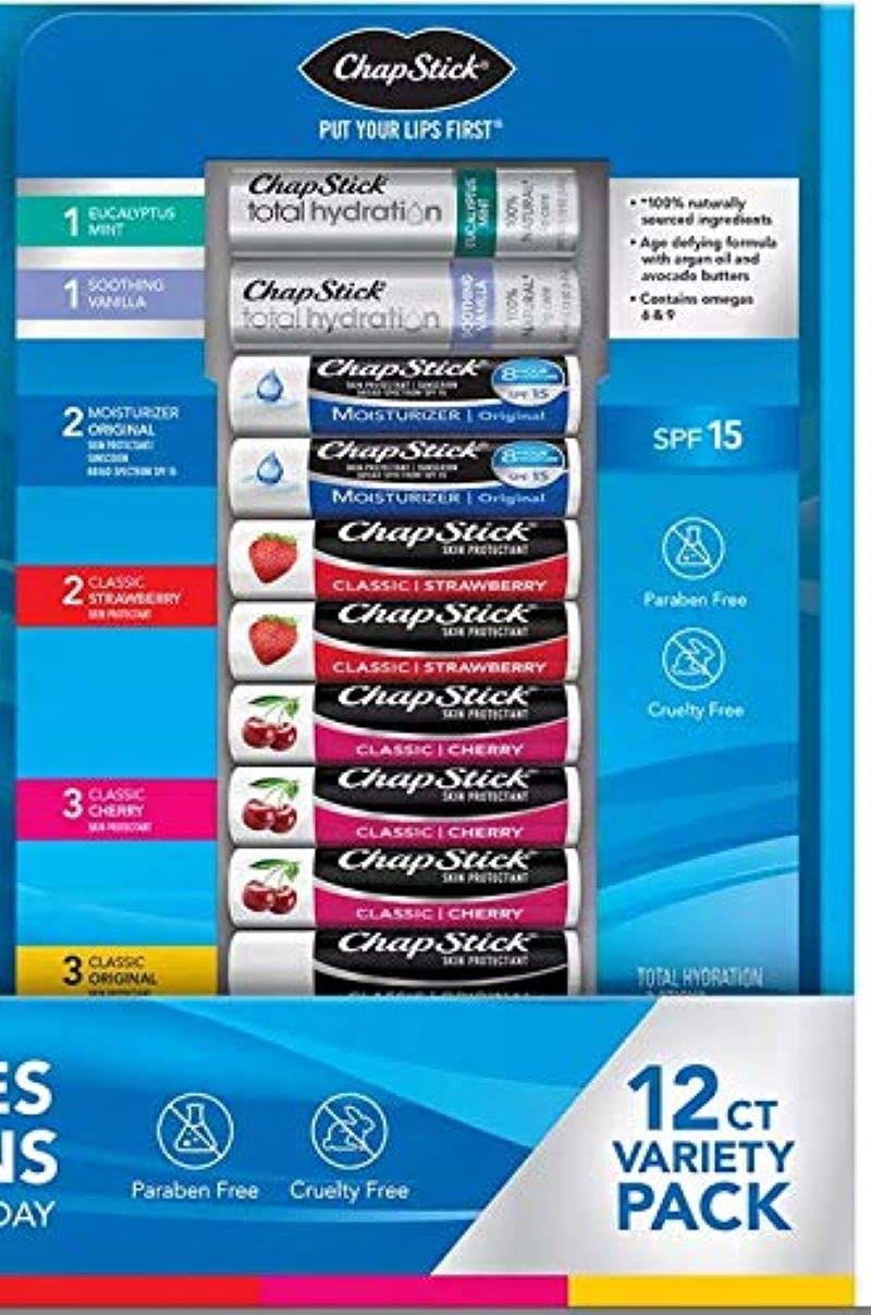 ChapStick Lip Moisturizer Variety Pack - Classic Original, Cherry & Strawberry | 12 Count