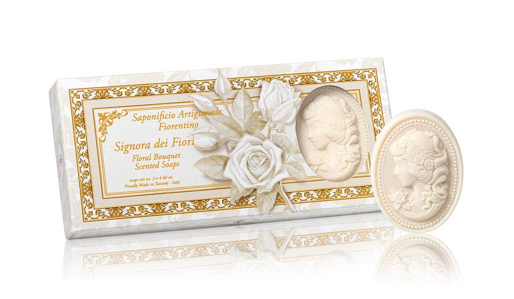 Lady of Flowers, designer natural soap with an inspiring scent of flowers, oval sculpted with cameo, gift box with three soap bars, 3 x 4.40 oz.
