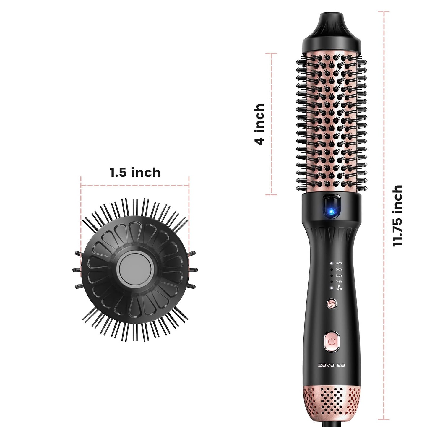 ZAVAREA Thermal Brush, 1.5 Inch Heated Round Brush Stylers, 800M Negative Ions Ceramic for Less Frizz Damage, 4 Temperature Set, Dual Voltage for Travel, Easy Use Boosts Shine, Dual Voltage