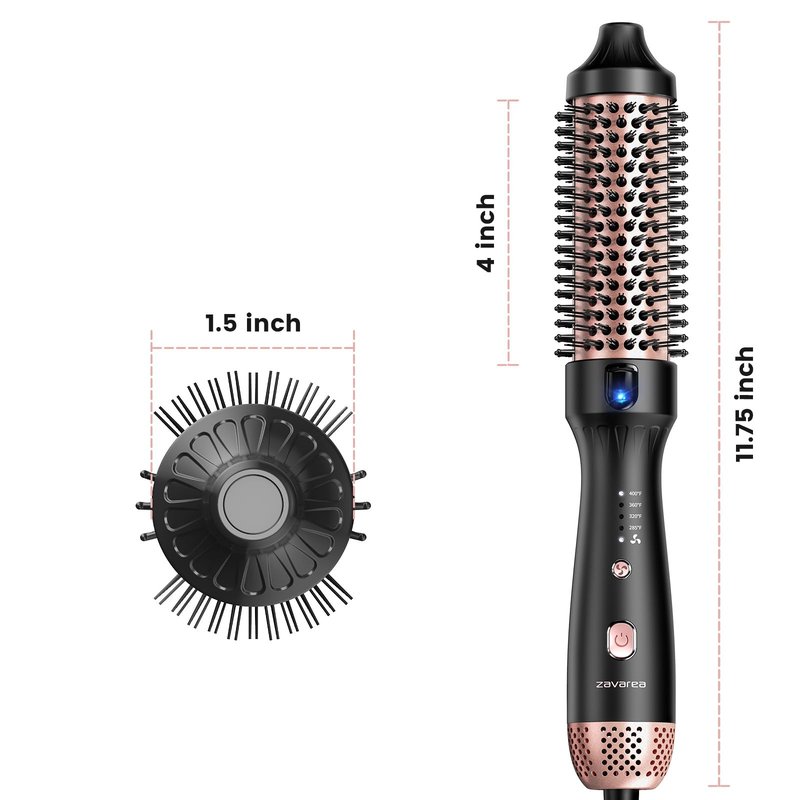 ZAVAREA Thermal Brush, 1.5 Inch Heated Round Brush Stylers, 800M Negative Ions Ceramic for Less Frizz Damage, 4 Temperature Set, Dual Voltage for Travel, Easy Use Boosts Shine, Dual Voltage