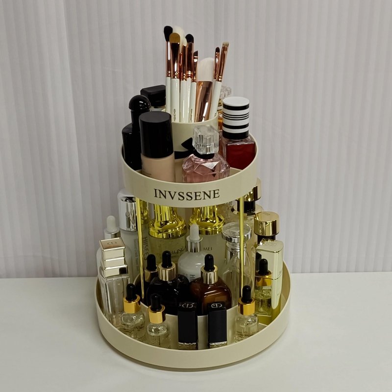 INVSSENE 2 Tiers Rotating Makeup Organizer, Large Makeup Organizer for Vanity, Countertop Storage Shelf for Cosmetics, Skincare, Makeup Brush - Warm White