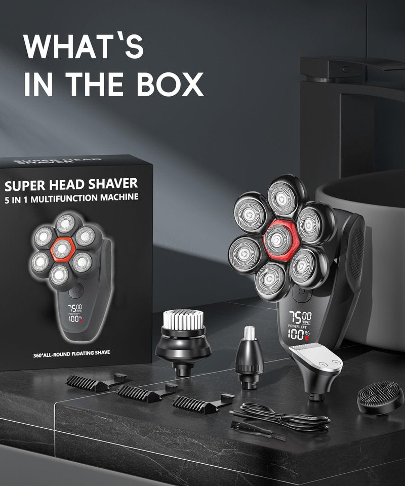 Head Shavers for Bald Men - IPX8 Waterproof Electric Razor for Wet/Dry Use with LED Display, USB-C Fast Charge & 5 Attachments Black