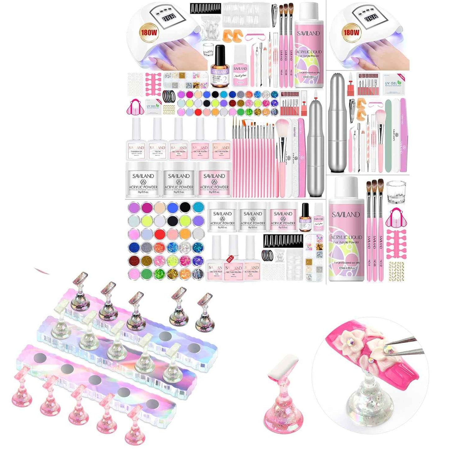 Saviland Acrylic Nail Kit for Beginners - Keratin Powder, Vitamin E Gel & Nail Stand