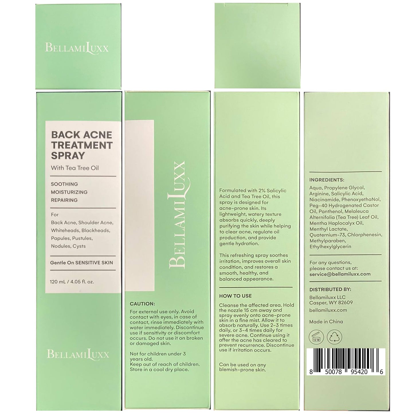 BellamiLuxx Back & Body Acne Treatment: 2% Salicylic Acid Back Acne Spray for Clear, Soothe & Moisturize - Effective Bacne Treatment with Tea Tree Oil, Body Acne Spray for Men, Women & Teens