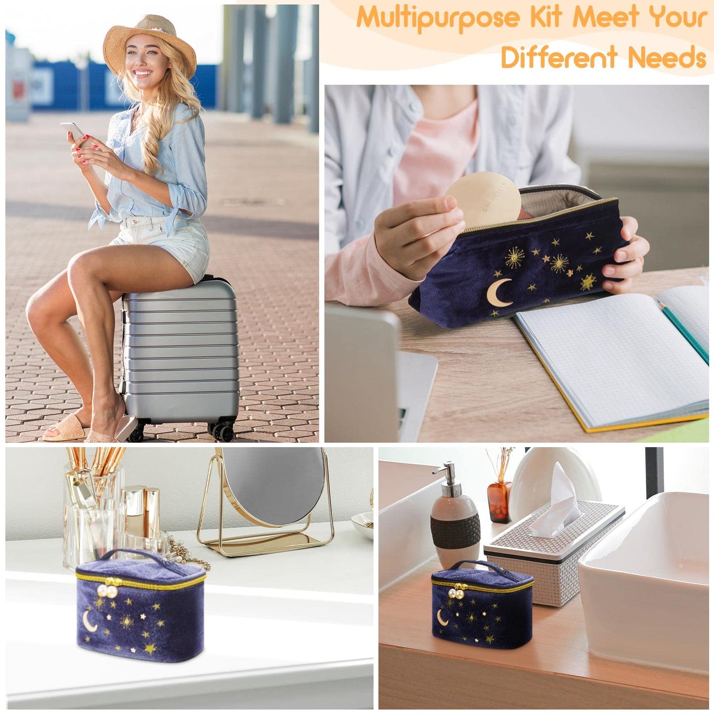 Patelai 2 Pcs Velvet Makeup Bag Moon Stars Cosmetic Bags Goth Embroidered Makeup Pouch Portable Travel Starry Pouch Toiletry Wash Bags Cute Storage Clutch Handbags for Women Gifts(Navy Blue)