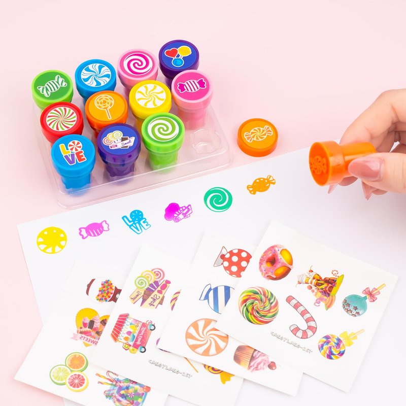 36PCS Candyland Party Favors - 24PCS Temporary Tattoos & 12PCS Stamps - Ideal Sweet Candy Themed Birthday Card Decorations Supplies Goodie Bag Cute Rewards for Boys Girls Classroom Gifts Baby Shower