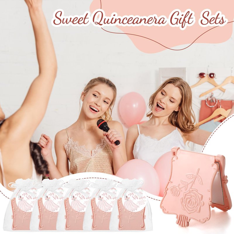 Wenqik 50 Set Quinceanera Party Favors for Guests Include Rose Compact Mirror Quinceanera Card and Organza Bag Mis Xv Sweet 15th Birthday Party Favors (Champagne)