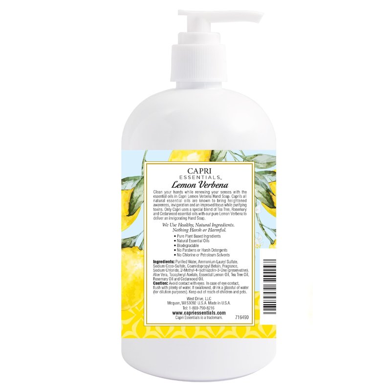CAPRI ESSENTIALS Hand Soap Liquid, Natural Household Cleaning Supplies, Gentle Plant Based Aromatic Hand Wash, Blend of Essential Oils, Removes Dirt & Grime, Lemon Verbena Scent, 16 FL Oz (6 Pack)