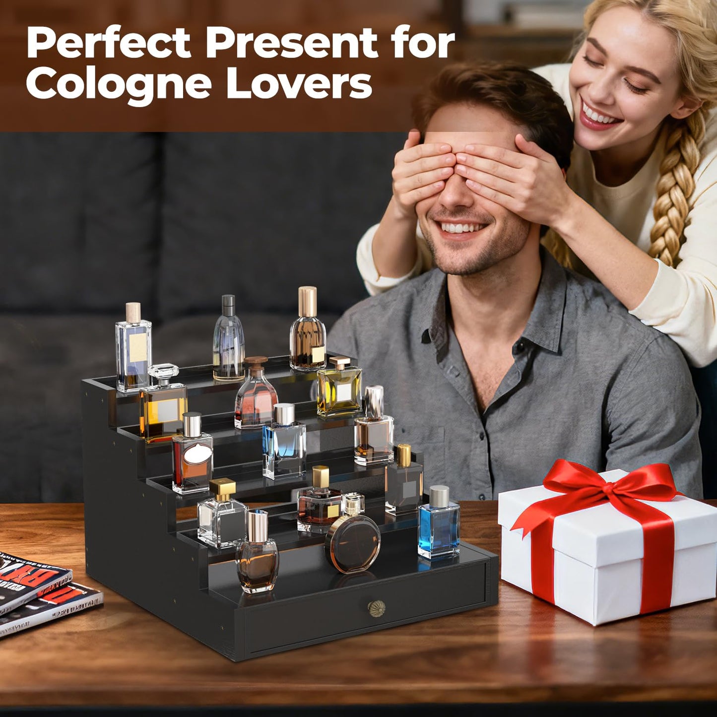 EsLuker.ly Perfume Organizer Cologne Holder Stand for Men, Wooden Cologne Display Shelf for Bedroom Dresser Countertop, 5 Tier Large Capacity Storage Rack with Drawer, Keep Fragrance Neat & Accessible