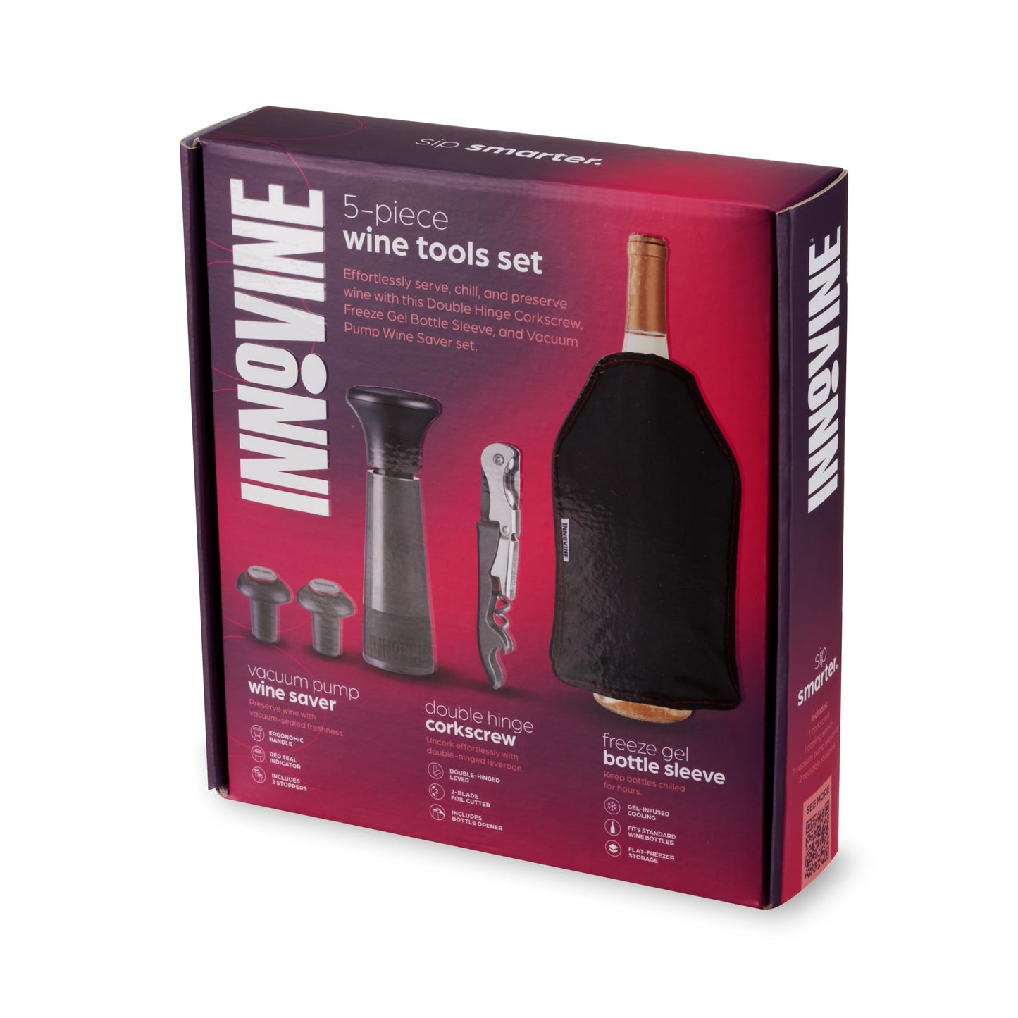 Chilled Wine Pro 5-Piece Gift Set, Graphite – Vacuum Pump Wine Saver with 2 Stoppers, Double-Hinge Waiter’s Corkscrew, Freeze Gel Wine Bottle Sleeve | Preserve, Uncork & Chill