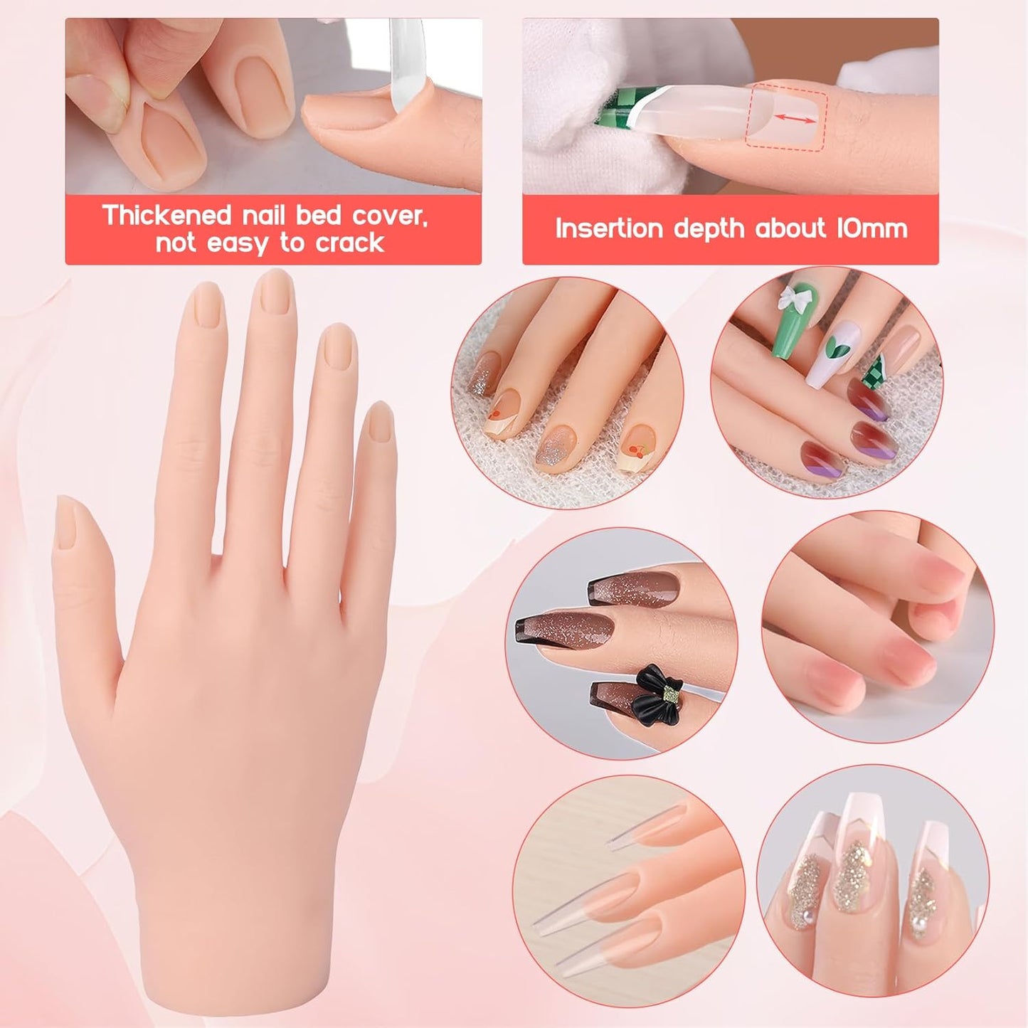 Flexible Silicone Practice Hand for Acrylic Nails with 528 Nail Tips & Stand