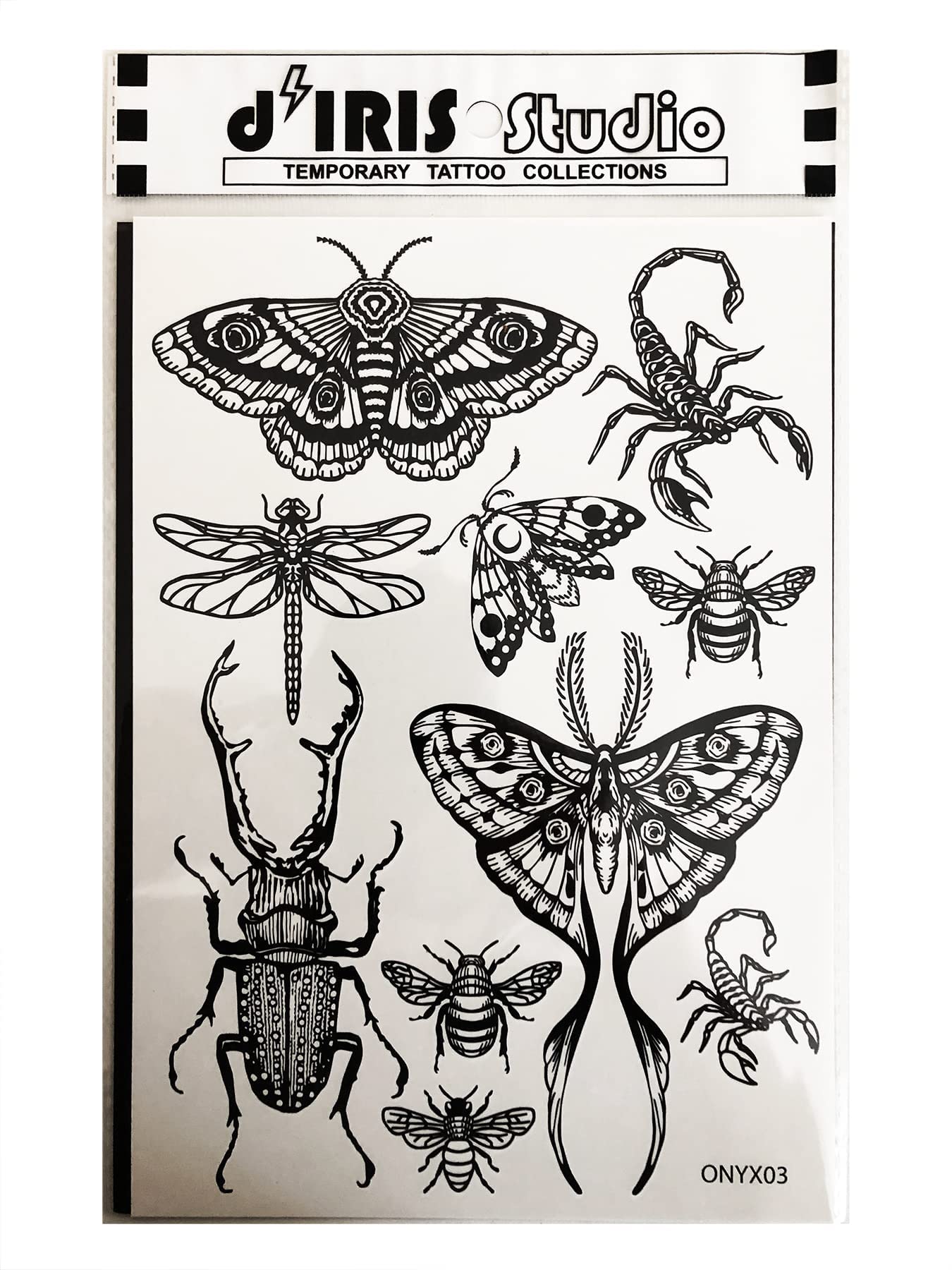 Temporary Tattoo for Adult Women - 2 Sheets - Black Big Moth Beetle Scorpion Dragonfly Bee Insect Sleeve Words Adults Tattoos