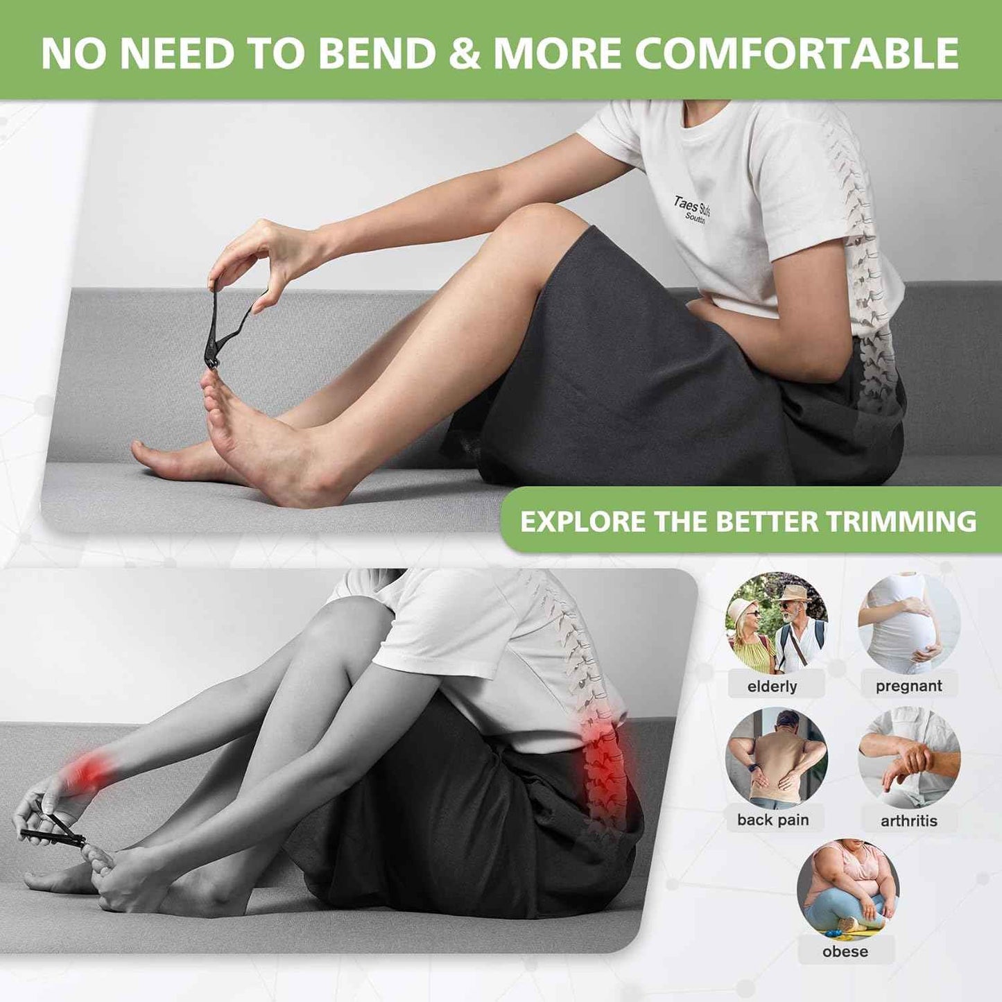 Ergonomic Nail Clipper for Seniors - Long Handle Toenail & Fingernail Trimmer with Catcher - Precision Black Clipper for Thick Nails