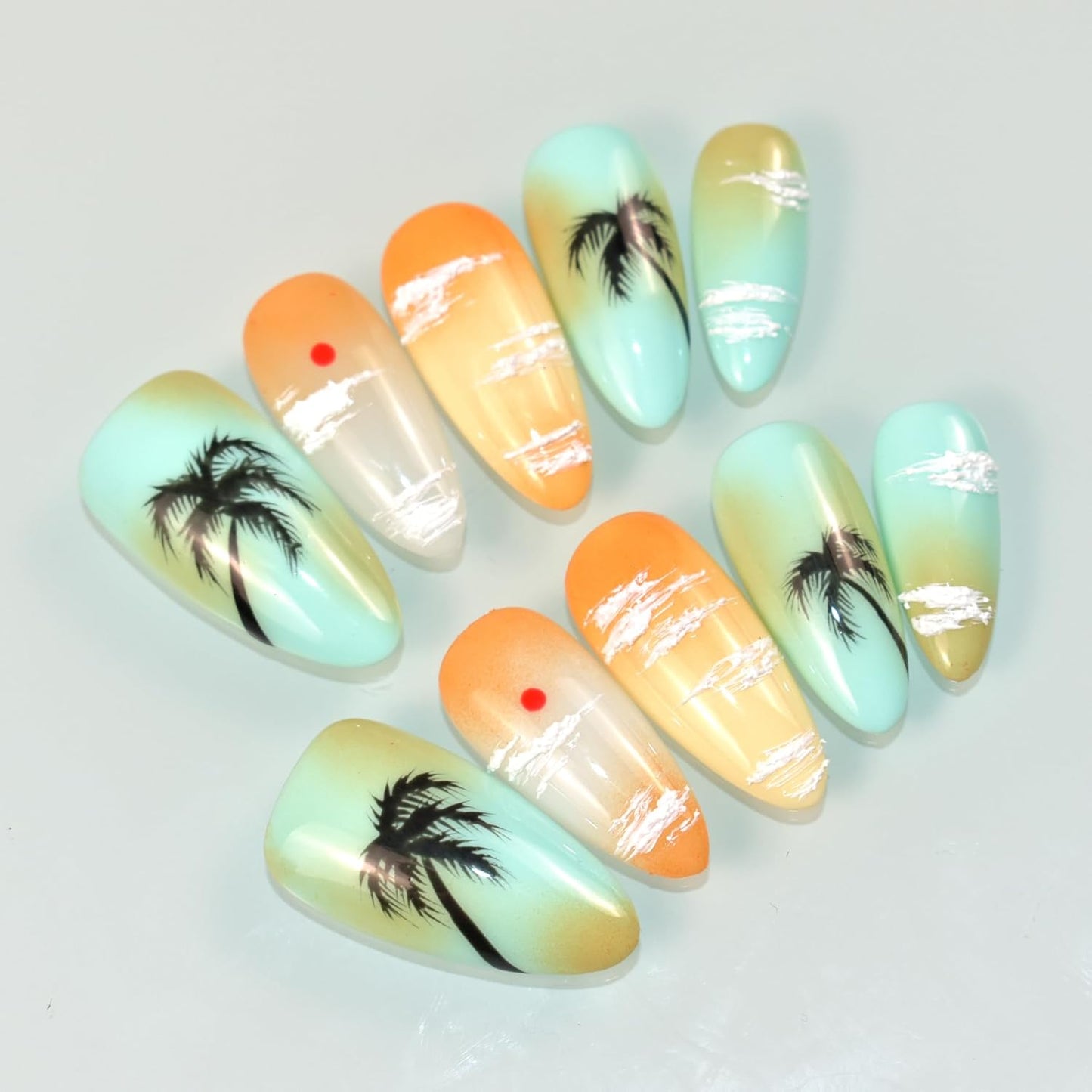 3D Blue Almond Press-On Nails with Carved Flower & Bubble Pearl - Handmade Acrylic Manicure, Medium Size