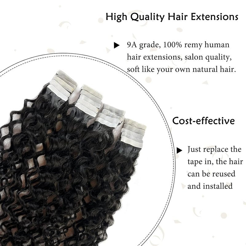 Curly Tape in Hair Extensions,14inch Natural Black Water Wave Real Human Hair Tape in Extensions 20pcs 50g Black Wavy Tape on Hair Extensions for Black Women