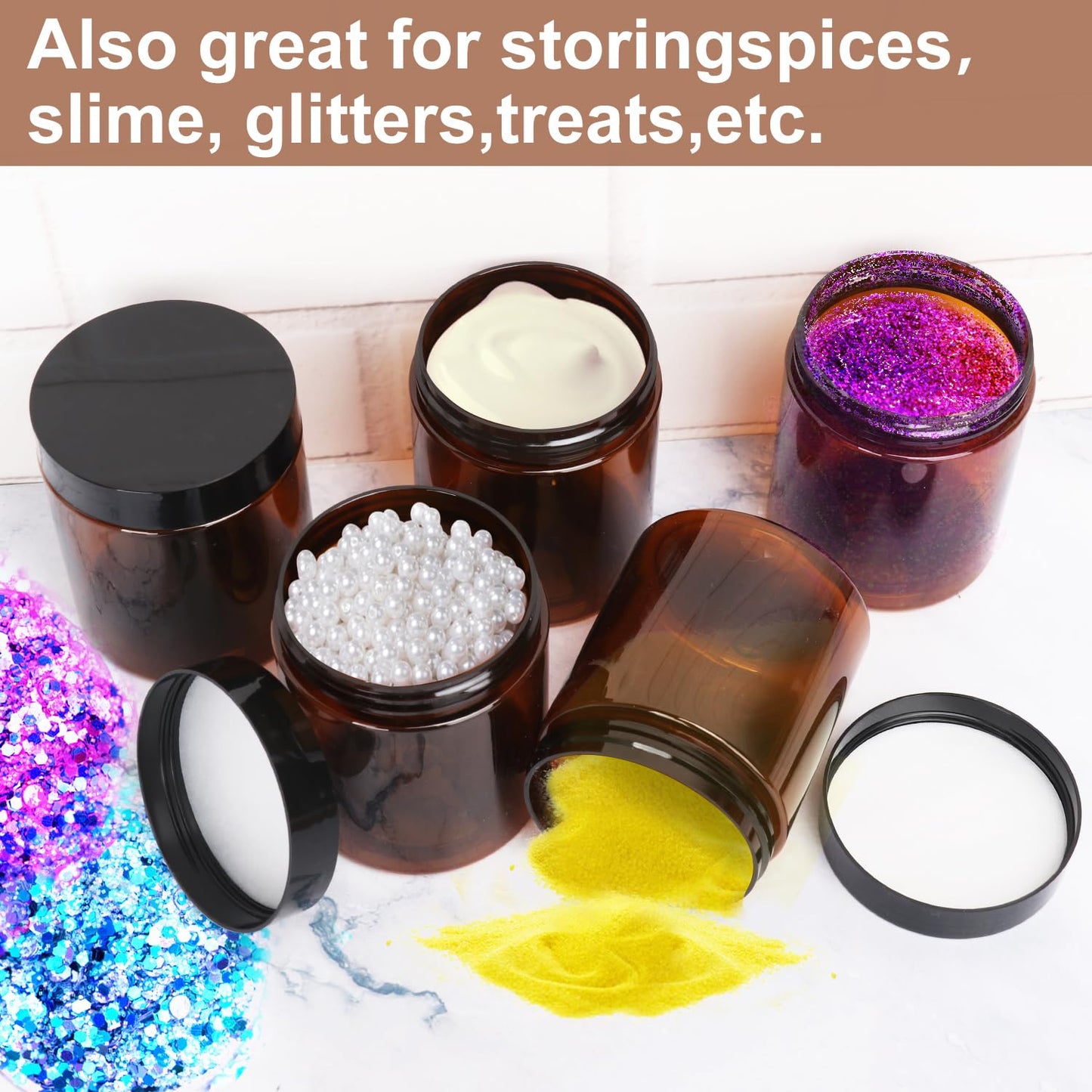 47 Packs 8 oz Plastic Jars with Black Lids, 8 oz Cosmetic Containers jars with Wide-Mouth for beads, rhinestones, sequins Cosmetics, Lotion, Cream, Ointments and More by KUKLIPJIM. (Brown)