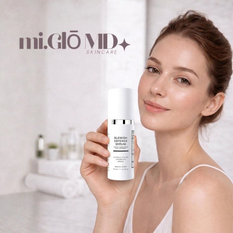 mi.Glo Blemish Defense Clarifying Facial Serum 1.1 oz with Glycolic Acid 5%, Allantoin | Lightweight Daily Face Serum for Oily & Blemish-Prone Skin | Oil Balancing Skincare