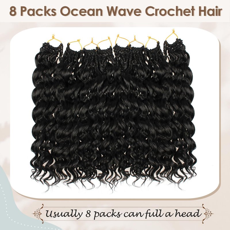 Toniola Pre Looped Ocean Wave Crochet Hair 14 Inch 8 Packs Black Boho Ocean Deep Water Wave Beach Curl Braiding Hair Pre Twisted Synthetic Short Wavy Curly Crochet Hair for Women(14inch 1B)