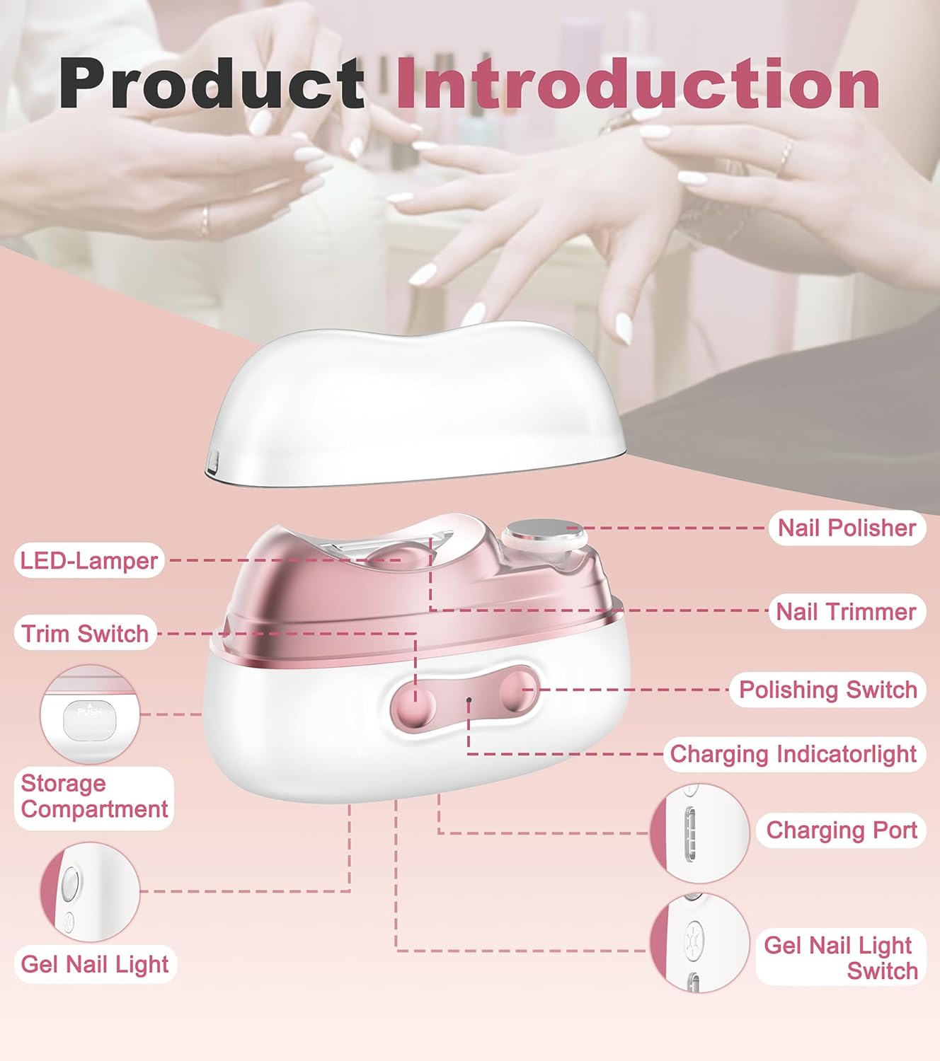 2-in-1 Electric Nail Clipper & Trimmer with LED Light - Dual Speed for All Ages (M8-Pink)