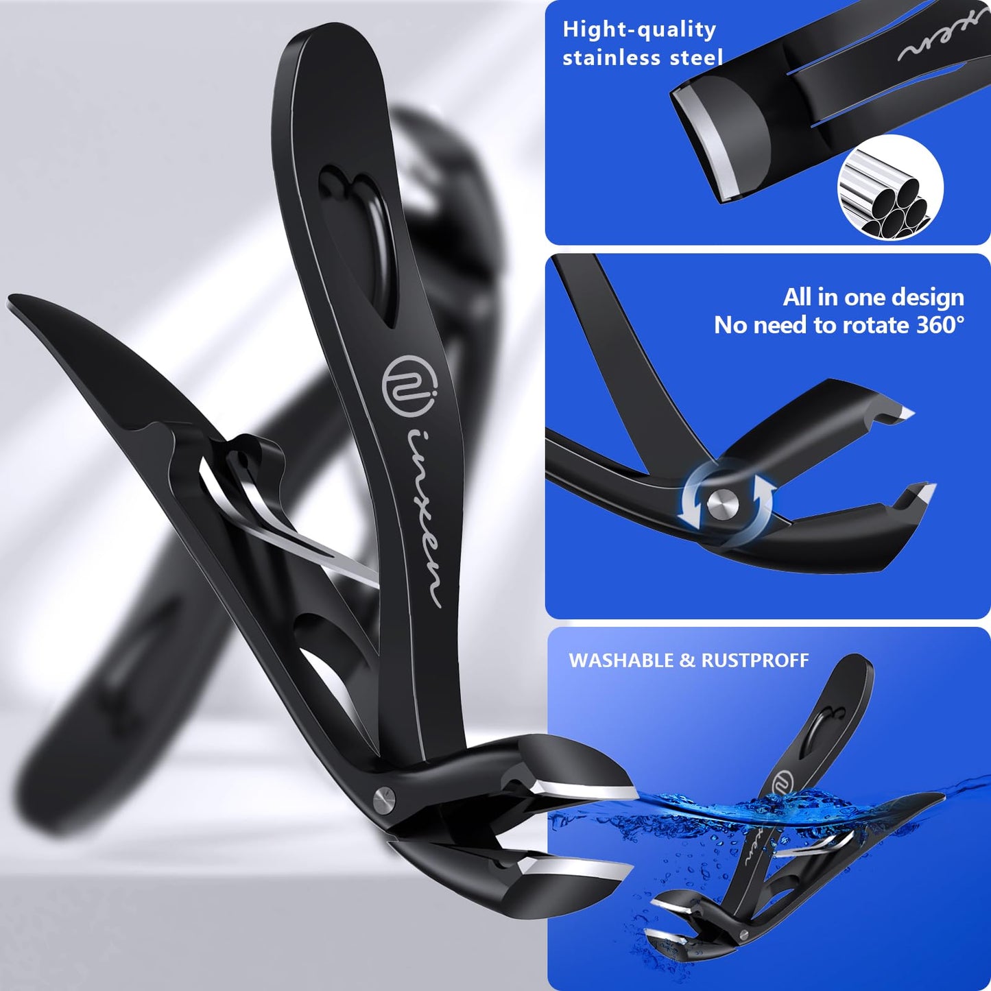 Toenail Clippers for Thick Nails for Seniors| INXEN Ergonomic Heavy Duty Angled Head Nail Clippers with Catcher | Premium Steel Wide Opening Fingernail Clippers Nail Cutter for Men & Women