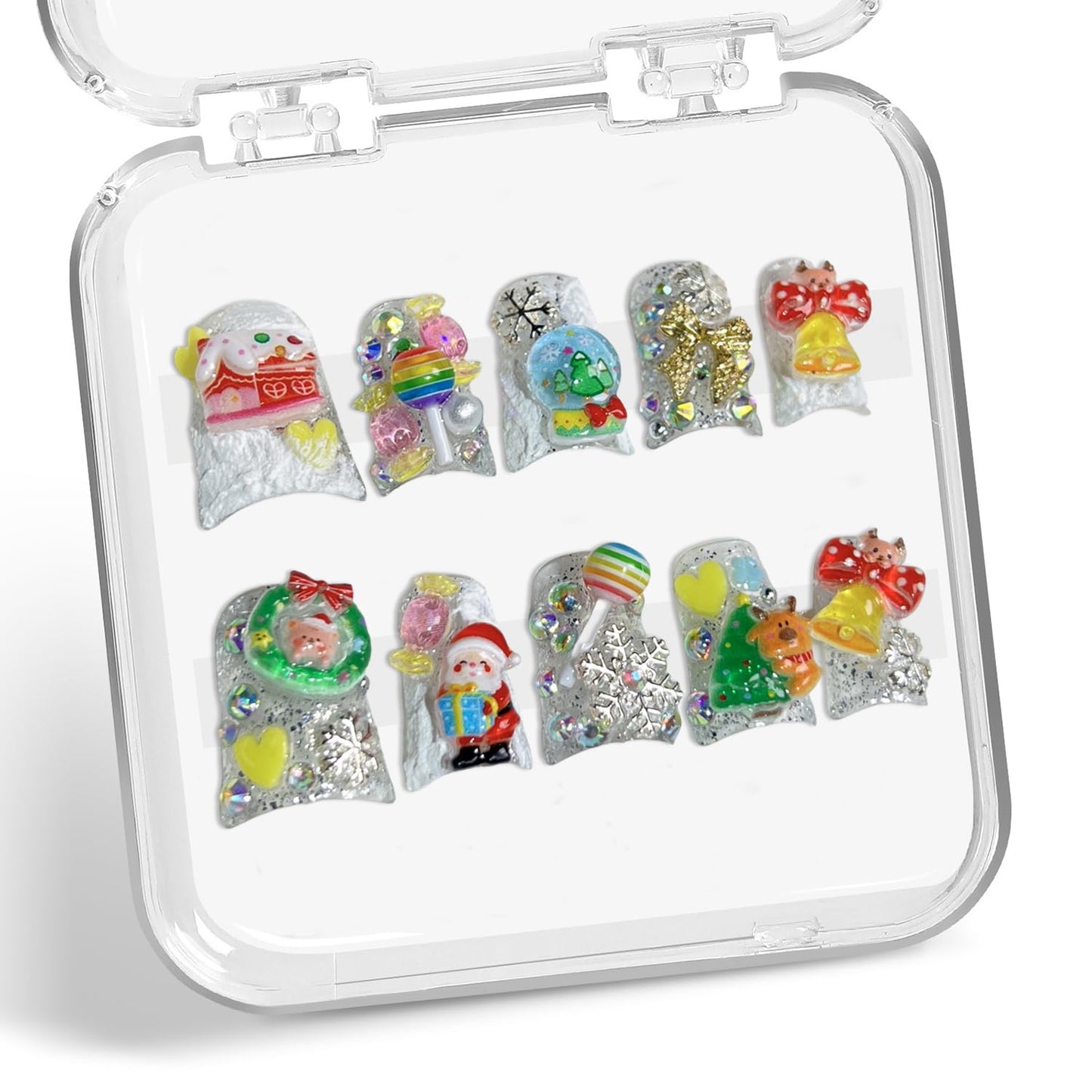 Christmas Press-On Nails - Short Square Gel Full Cover with Reindeer & Santa Designs