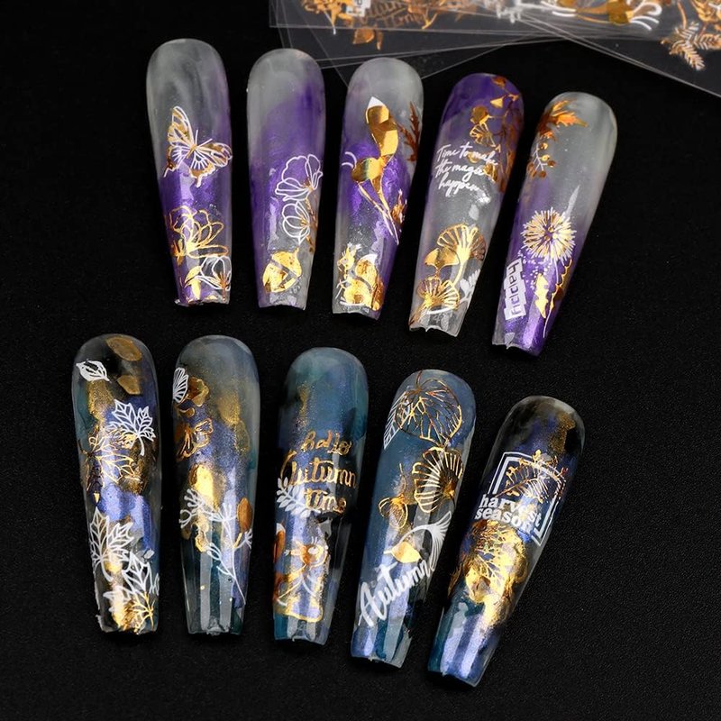 Autumn Leaves Nail Decals - 3D Self-Adhesive Fall Nail Art Stickers | White Laser Gold Maple Leaf Design, 9 Sheets