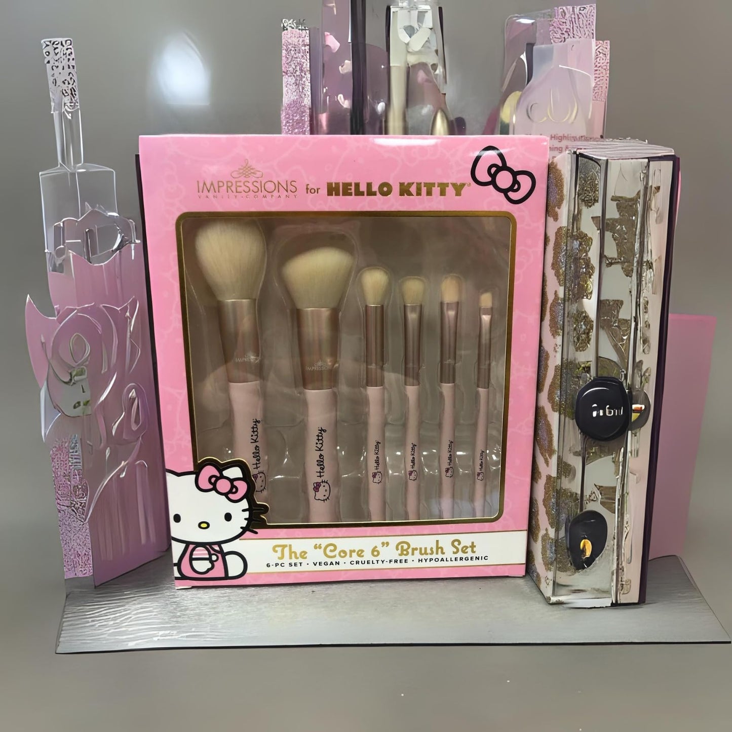 Impressions Vanity Hello Kitty The Core 6 PCs Makeup Brush set with Aluminum Ferrule, Super Soft Makeup Brushes for Foundation, Face Powder, Blending, Defined Shadow, Eye Shadow, and Liner (Pink)
