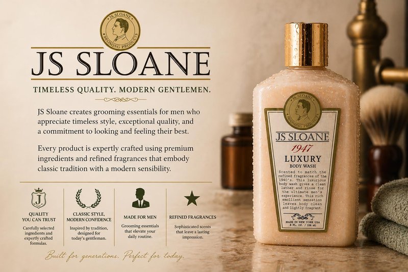 JS Sloane 1947 Luxury Body Wash for Men – Hydrating & Moisturizing Cleanser, Creamy Lather, Fresh Classic Scent, Deep Cleansing Formula, Leaves Skin Soft & Refreshed – 8 fl oz