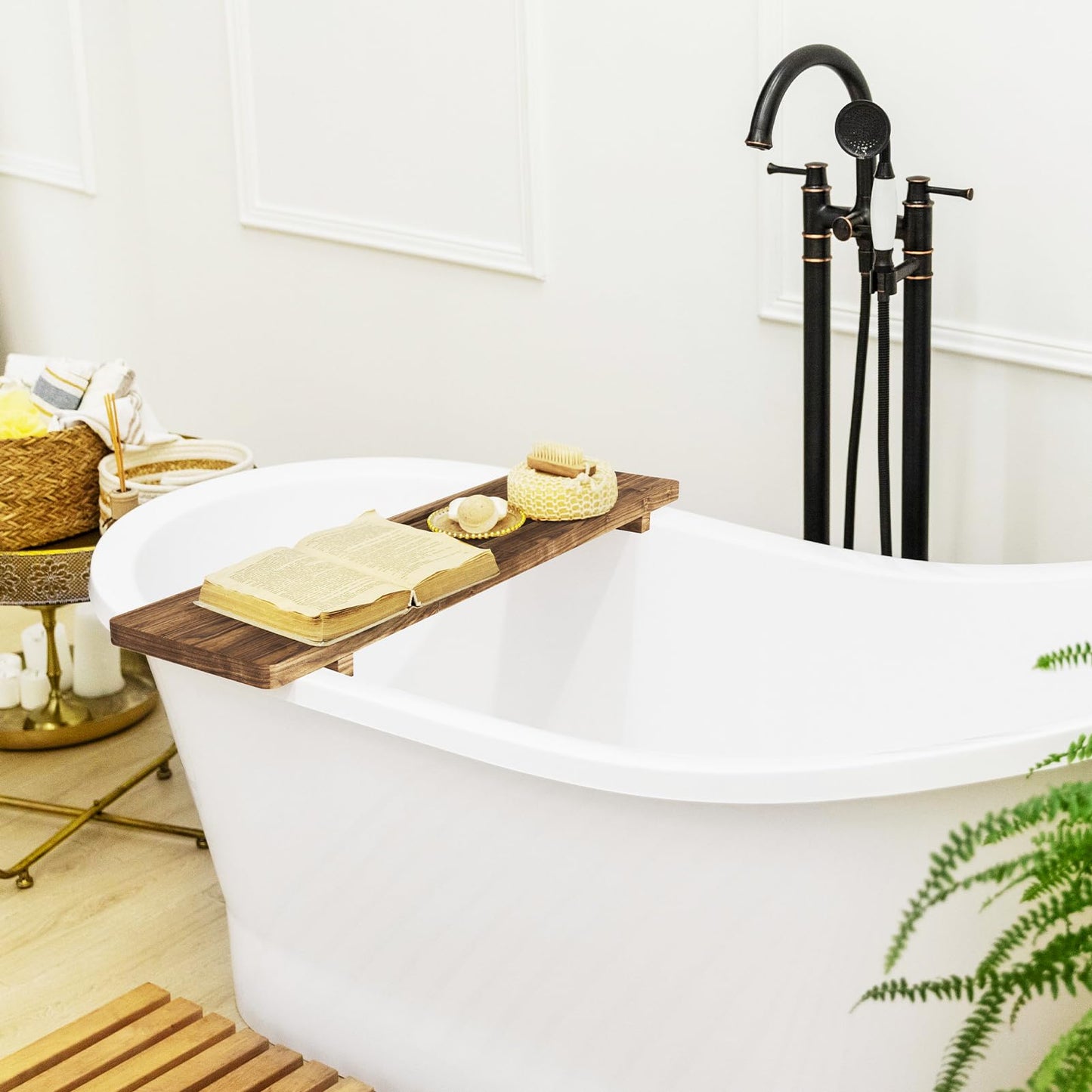 Premium Bathtub Tray for Freestanding Bath, Large & Thick 35” Acacia Wood Luxury Bath Tray for Tub, Anti-Tip, Non-Toxic, Adjustable Bathtub Trays for Tub with Bathroom Accessories Holder